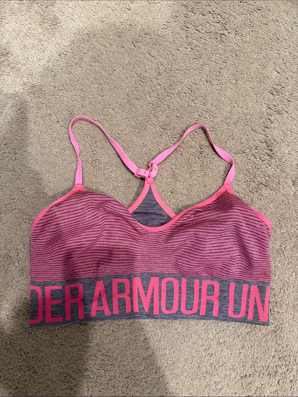 Under Armour Pink and Gray Striped Seamless Sports Bra